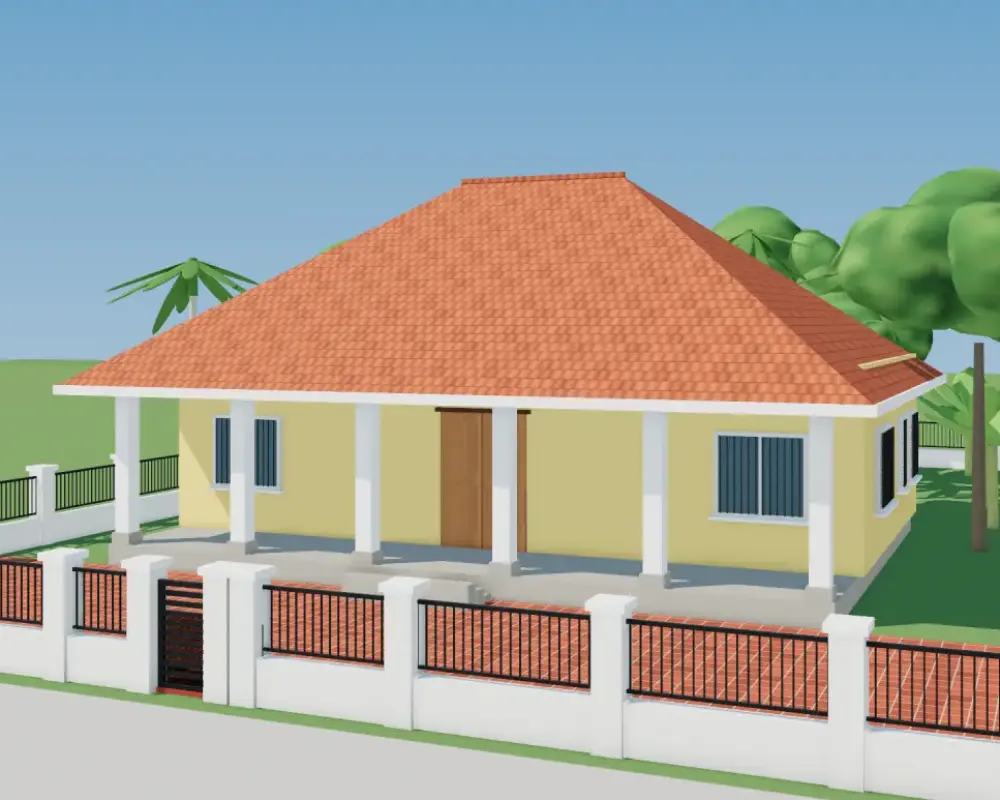 Phối cảnh nhà vườn mái ngói hiên rộng, sân gạch đỏ